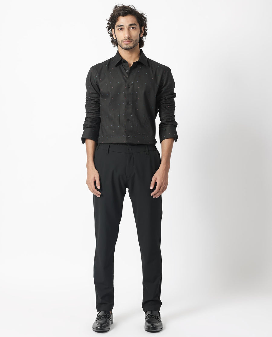 Rare Rabbit Men's Saturns Black Cotton Polka Print Regular Fit Full Sleeve Collared Shirt