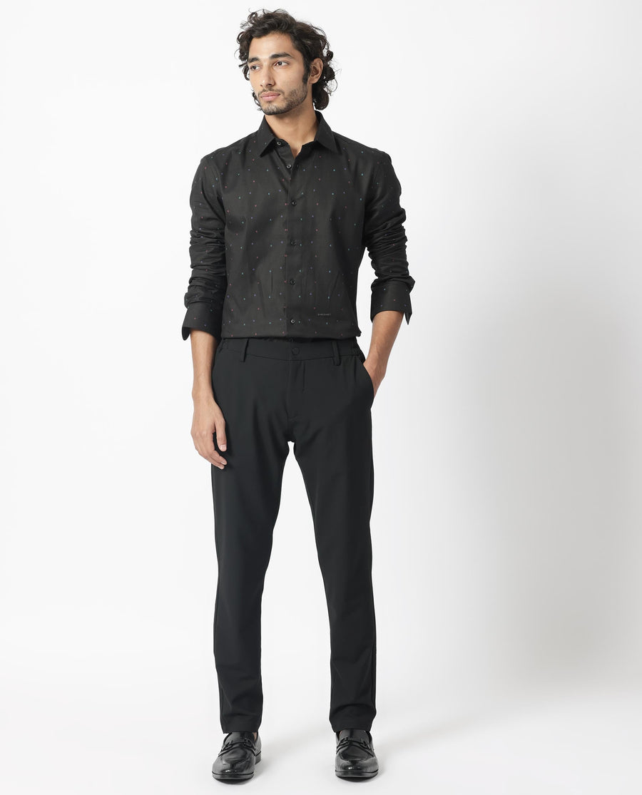Rare Rabbit Men's Saturns Black Cotton Polka Print Regular Fit Full Sleeve Collared Shirt