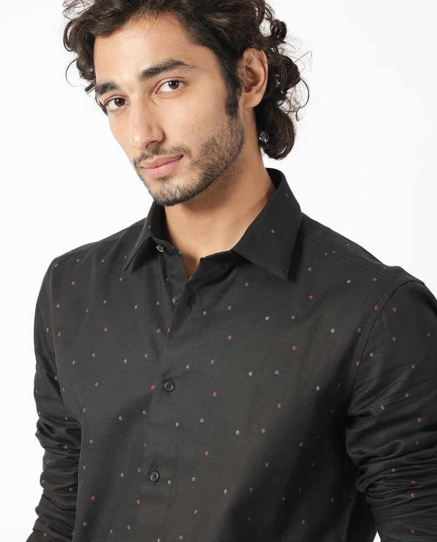 Rare Rabbit Men's Saturns Black Cotton Polka Print Regular Fit Full Sleeve Collared Shirt