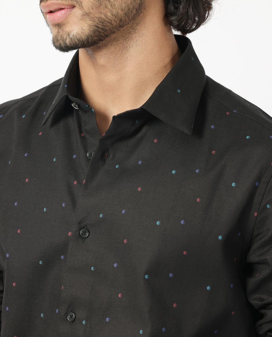 Rare Rabbit Men's Saturns Black Cotton Polka Print Regular Fit Full Sleeve Collared Shirt