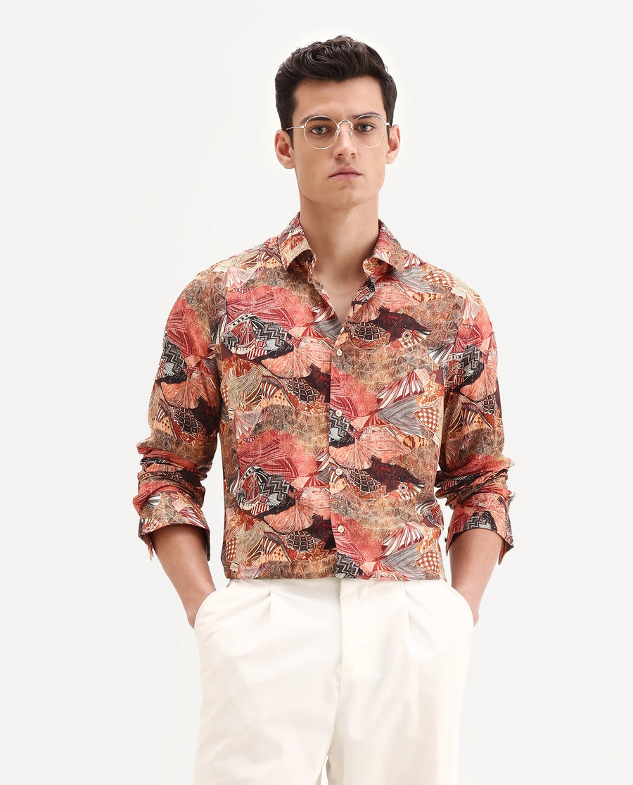 Rare Rabbit Men's Sava Rust Viscose Fabric Collared Neck Regular Fit Abstract Print Shirt