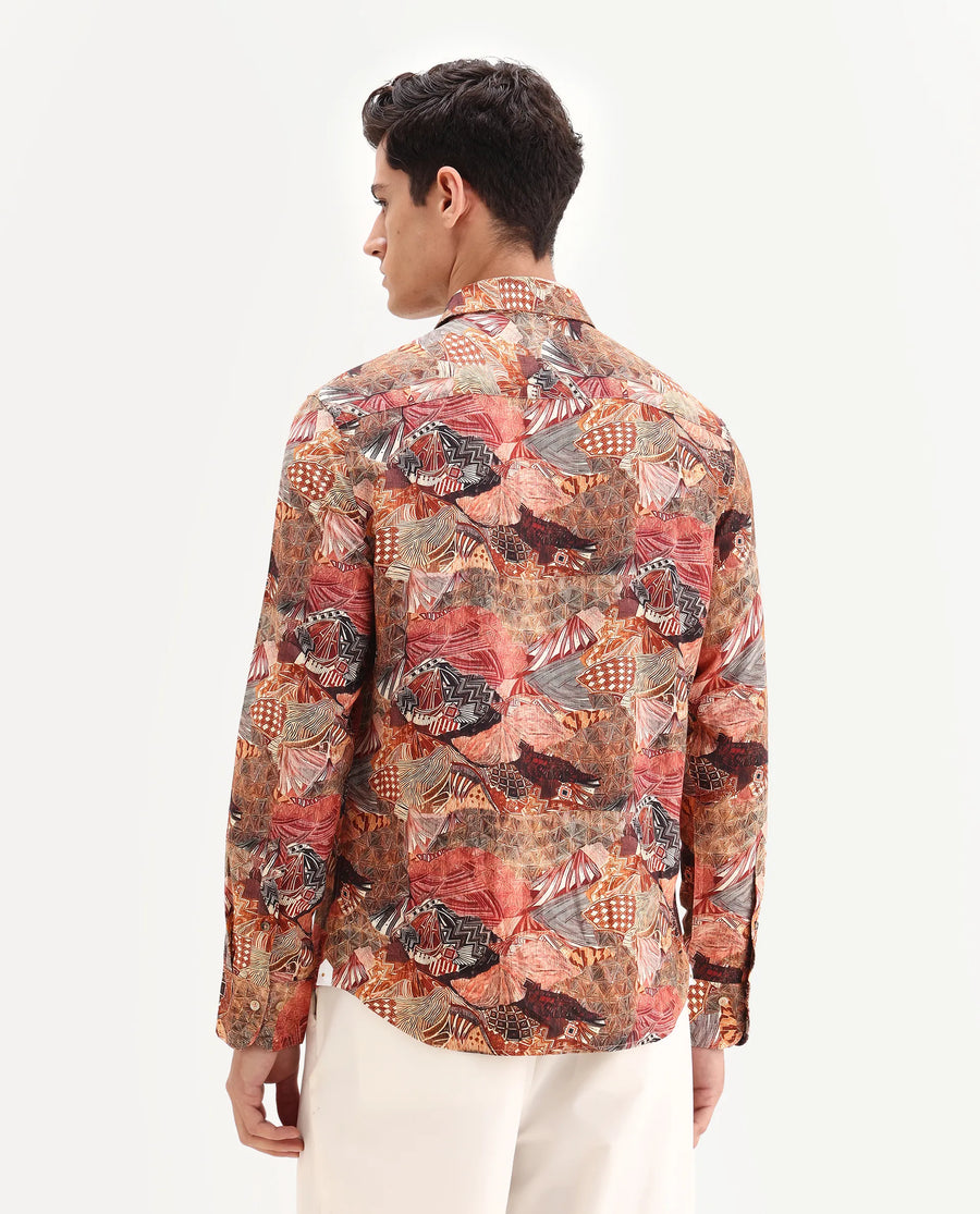 Rare Rabbit Men's Sava Rust Viscose Fabric Collared Neck Regular Fit Abstract Print Shirt