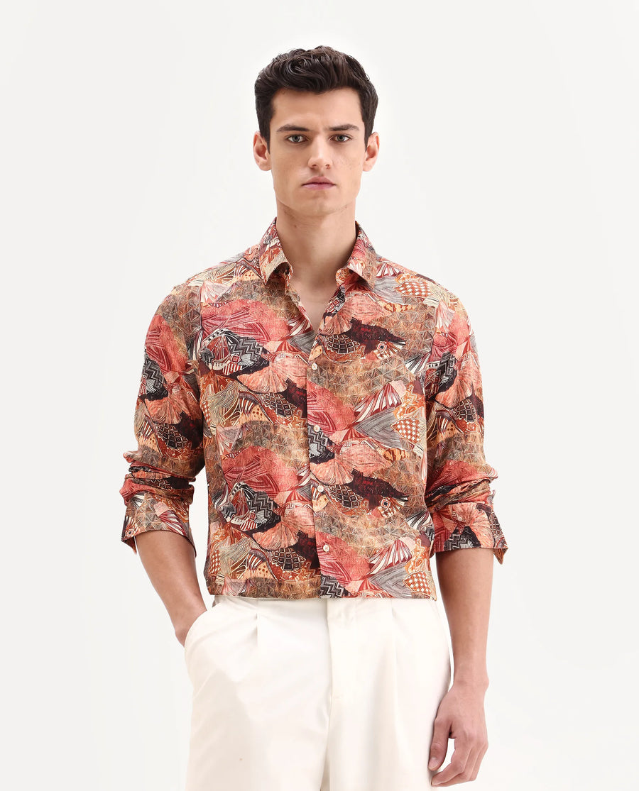 Rare Rabbit Men's Sava Rust Viscose Fabric Collared Neck Regular Fit Abstract Print Shirt