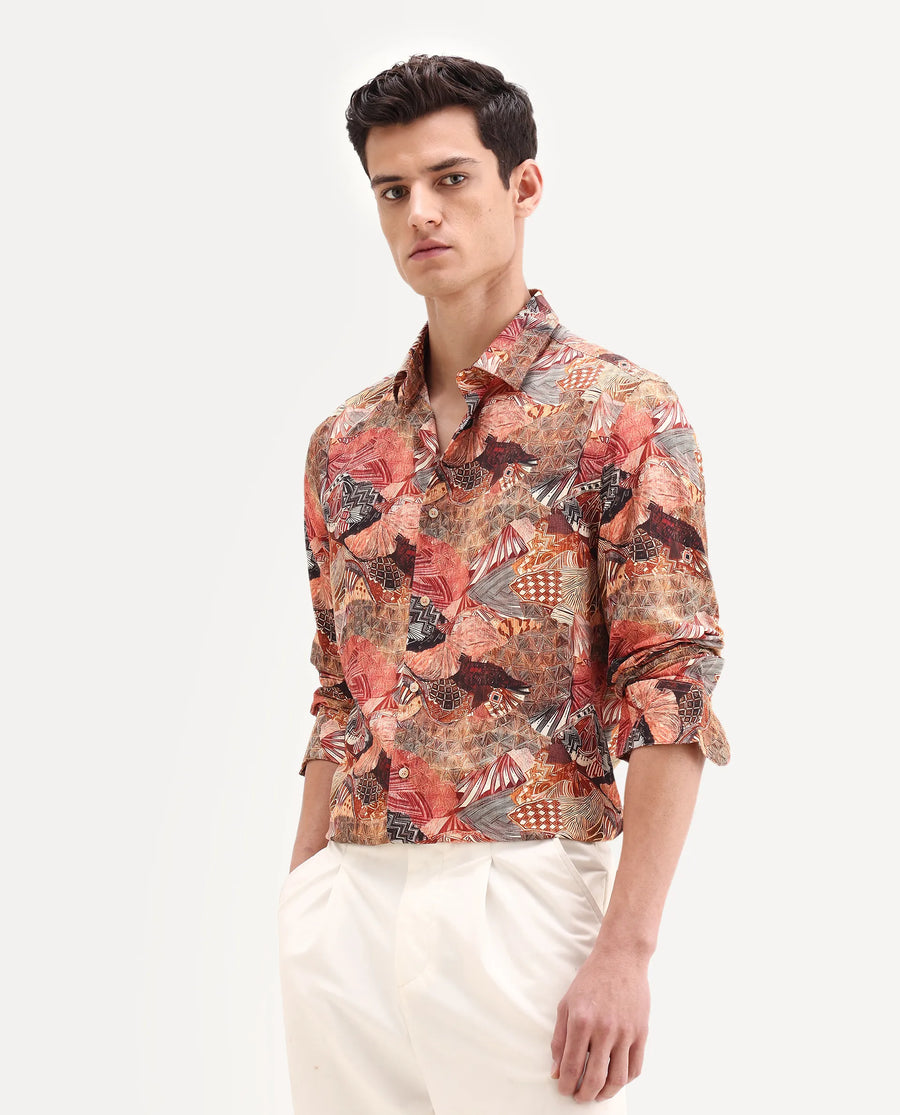 Rare Rabbit Men's Sava Rust Viscose Fabric Collared Neck Regular Fit Abstract Print Shirt