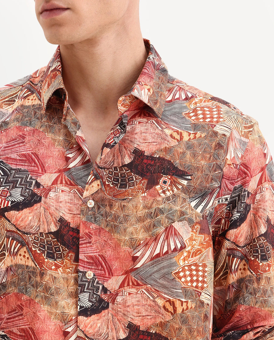 Rare Rabbit Men's Sava Rust Viscose Fabric Collared Neck Regular Fit Abstract Print Shirt