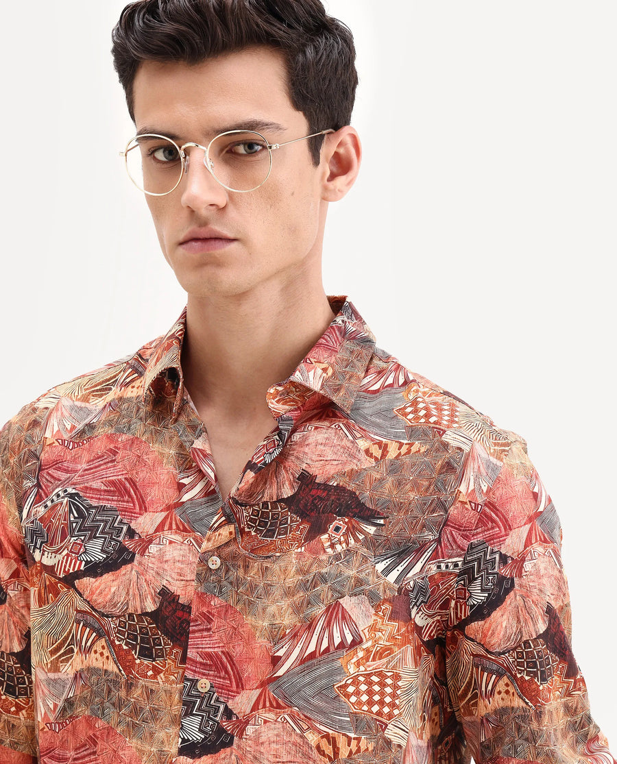 Rare Rabbit Men's Sava Rust Viscose Fabric Collared Neck Regular Fit Abstract Print Shirt