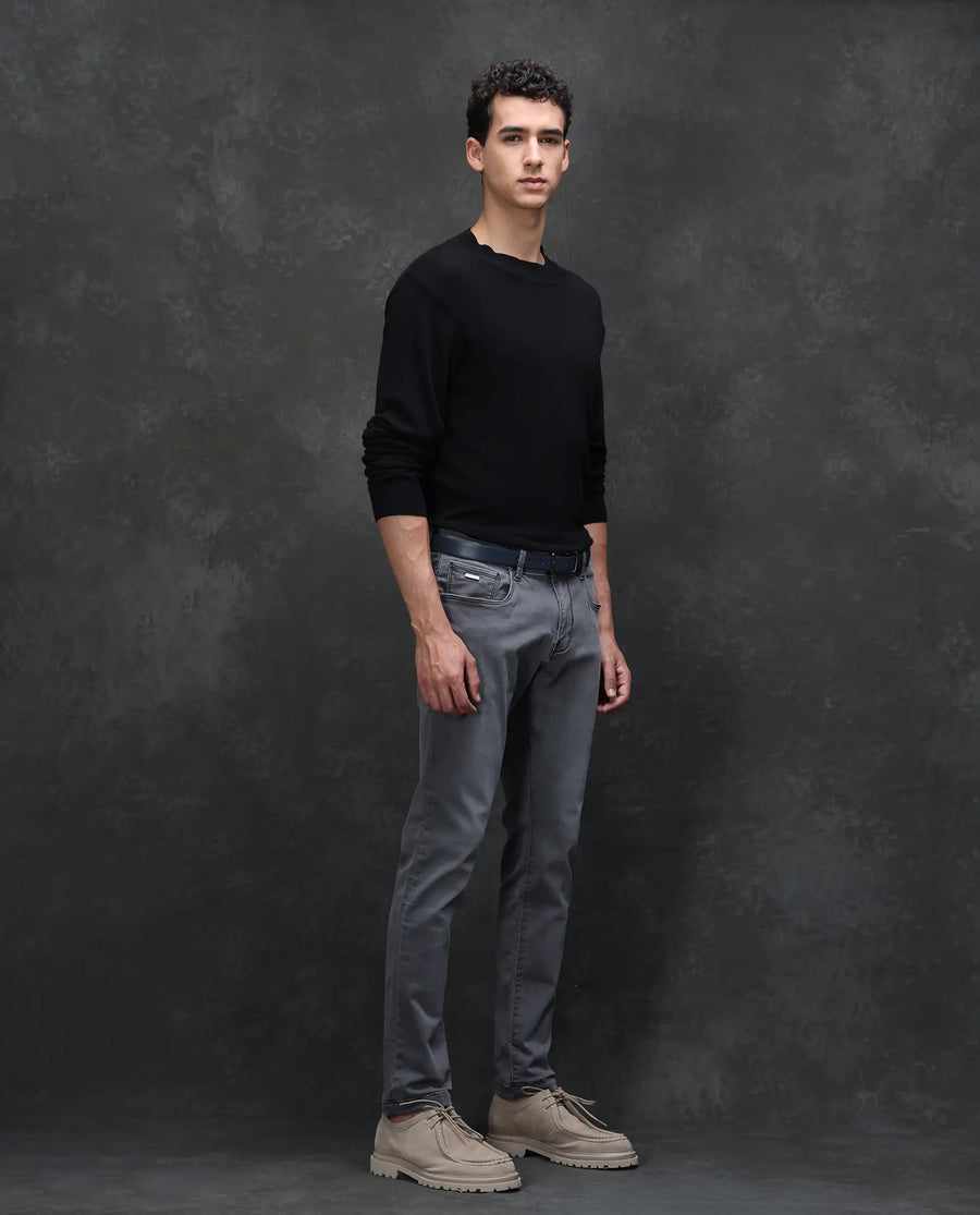 Rare Rabbit Men's Savoy Light Grey Cotton Blend Plain Hawk Slim Fit Jeans