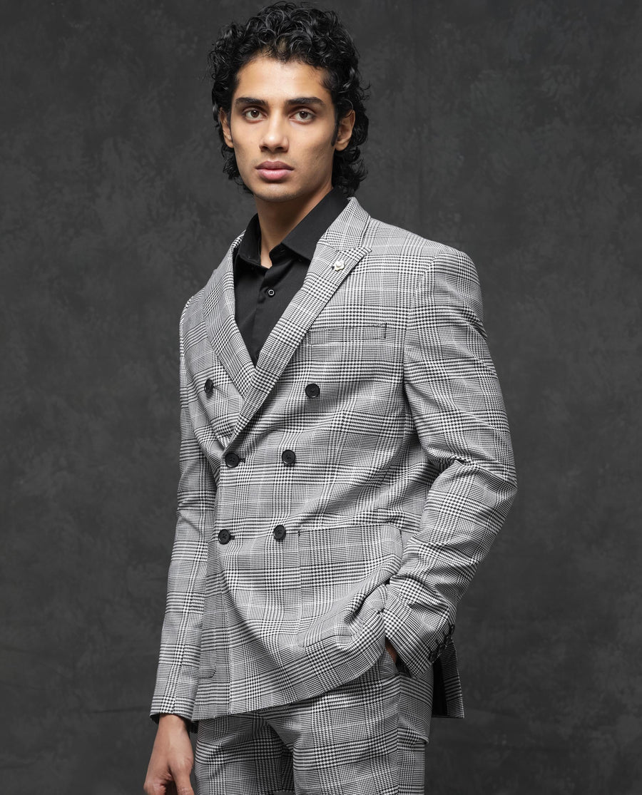 Rare Rabbit Men's Savyy Grey Polyester Checked Print Tailored Fit Full Sleeve Lapel Neck Suits