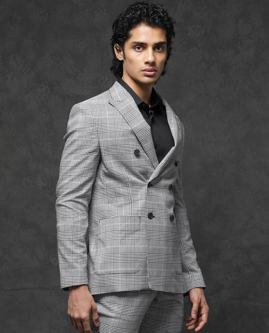 Rare Rabbit Men's Savyy Grey Polyester Checked Print Tailored Fit Full Sleeve Lapel Neck Suits