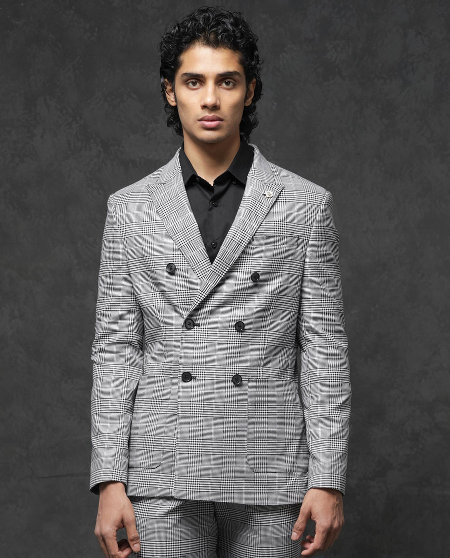 Rare Rabbit Men's Savyy Grey Polyester Checked Print Tailored Fit Full Sleeve Lapel Neck Suits