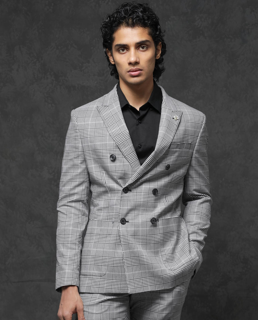 Rare Rabbit Men's Savyy Grey Polyester Checked Print Tailored Fit Full Sleeve Lapel Neck Suits