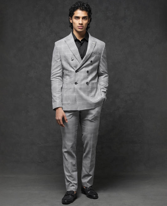 Rare Rabbit Men's Savyy Grey Polyester Checked Print Tailored Fit Full Sleeve Lapel Neck Suits