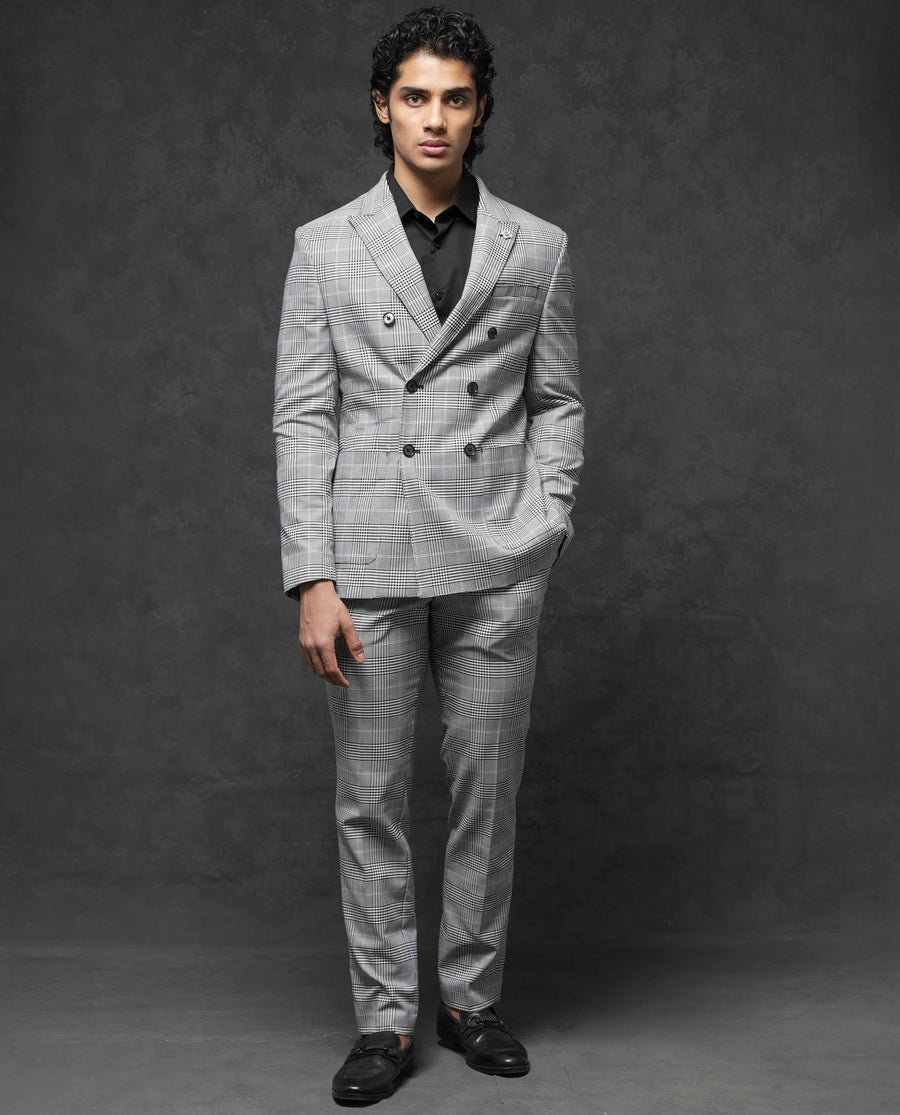 Rare Rabbit Men's Savyy Grey Polyester Checked Print Tailored Fit Full Sleeve Lapel Neck Suits