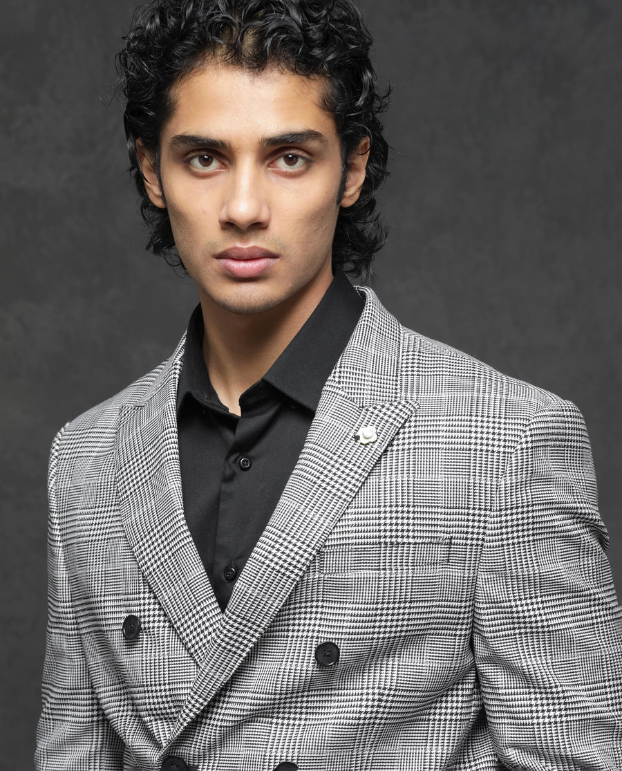 Rare Rabbit Men's Savyy Grey Polyester Checked Print Tailored Fit Full Sleeve Lapel Neck Suits