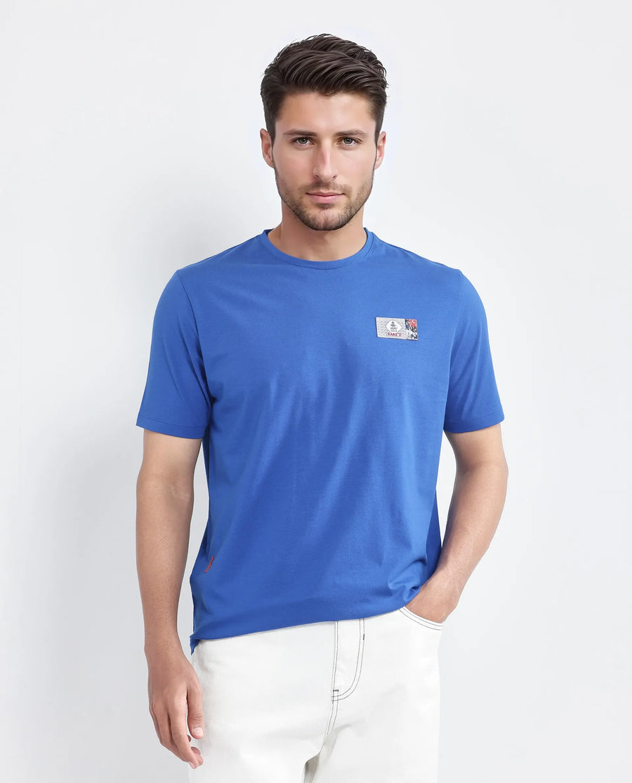 Rare Rabbit Men's Saw Pastel Blue Cotton Blend Label Print Regular Fit Half Sleeve Crew Neck T-Shirt