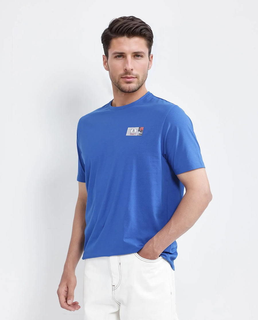 Rare Rabbit Men's Saw Pastel Blue Cotton Blend Label Print Regular Fit Half Sleeve Crew Neck T-Shirt