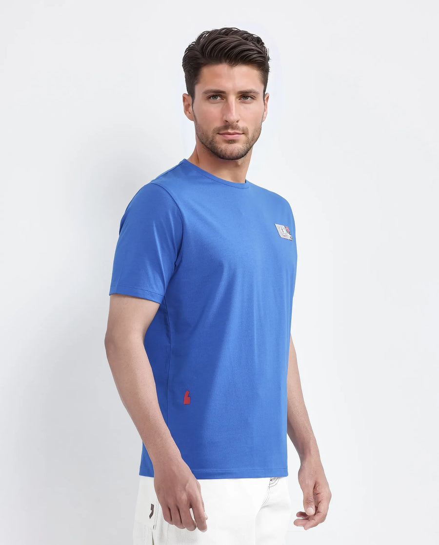 Rare Rabbit Men's Saw Pastel Blue Cotton Blend Label Print Regular Fit Half Sleeve Crew Neck T-Shirt