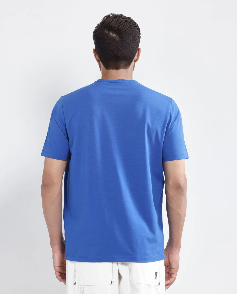 Rare Rabbit Men's Saw Pastel Blue Cotton Blend Label Print Regular Fit Half Sleeve Crew Neck T-Shirt