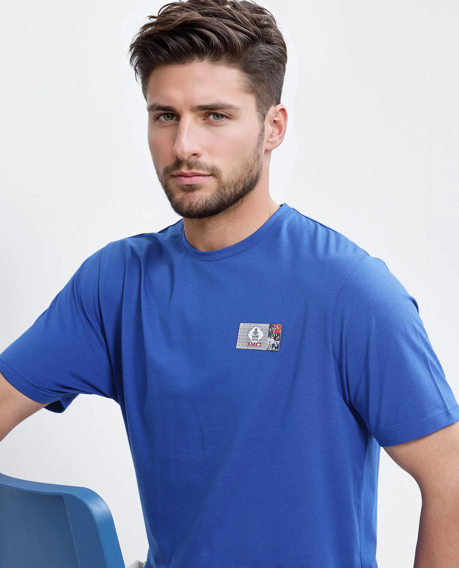 Rare Rabbit Men's Saw Pastel Blue Cotton Blend Label Print Regular Fit Half Sleeve Crew Neck T-Shirt