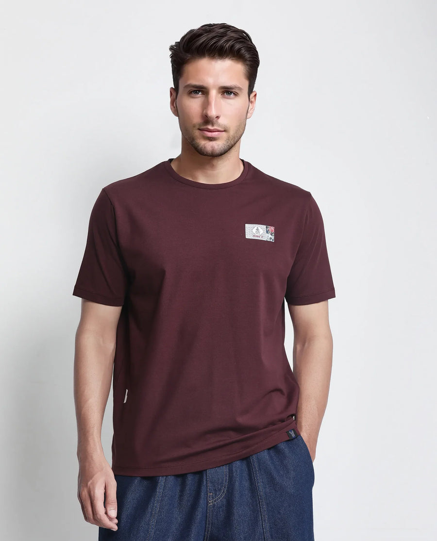 Rare Rabbit Men's Saw Pastel Maroon Cotton Blend Label Print Regular Fit Half Sleeve Crew Neck T-Shirt
