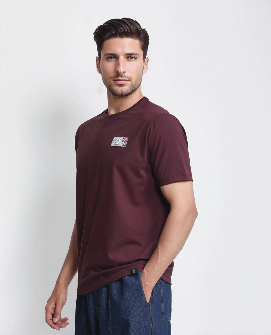 Rare Rabbit Men's Saw Pastel Maroon Cotton Blend Label Print Regular Fit Half Sleeve Crew Neck T-Shirt