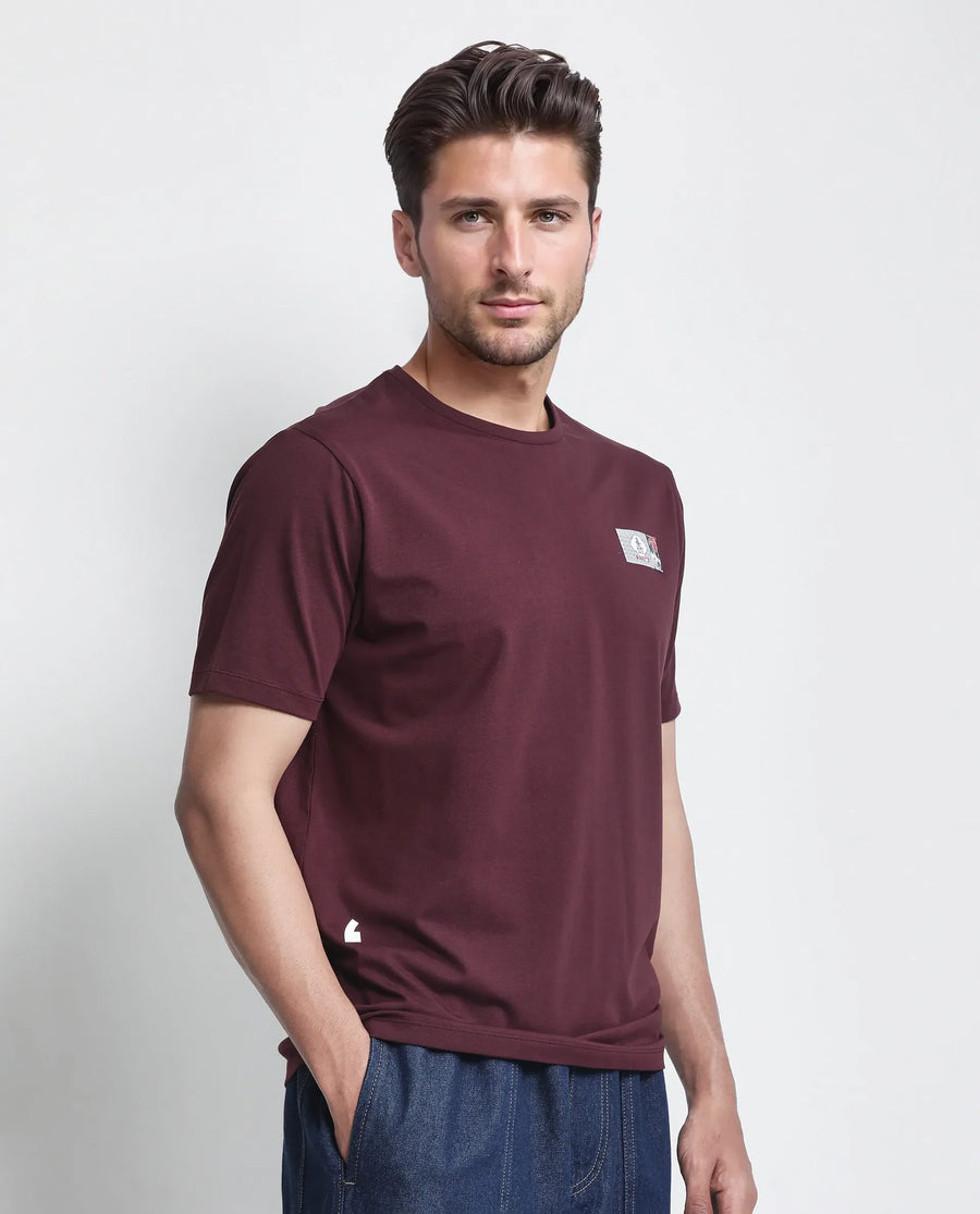 Rare Rabbit Men's Saw Pastel Maroon Cotton Blend Label Print Regular Fit Half Sleeve Crew Neck T-Shirt