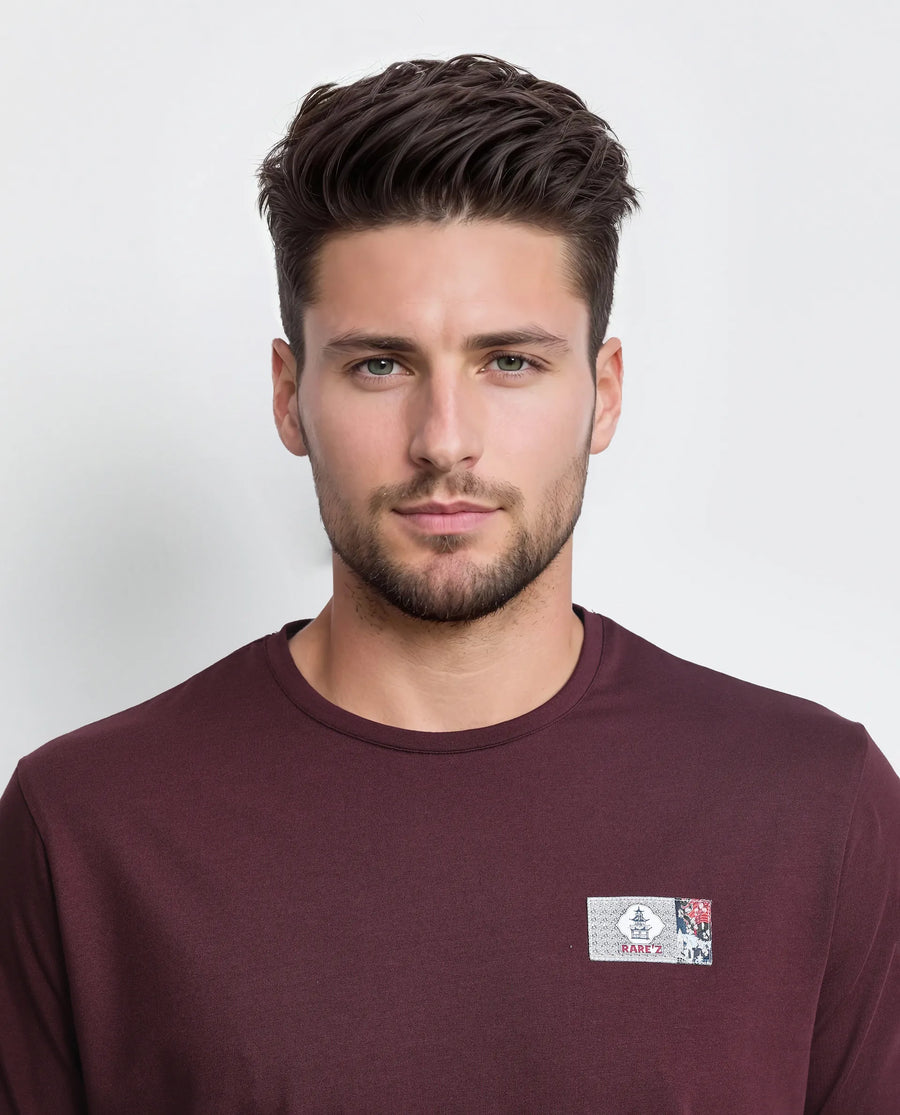 Rare Rabbit Men's Saw Pastel Maroon Cotton Blend Label Print Regular Fit Half Sleeve Crew Neck T-Shirt