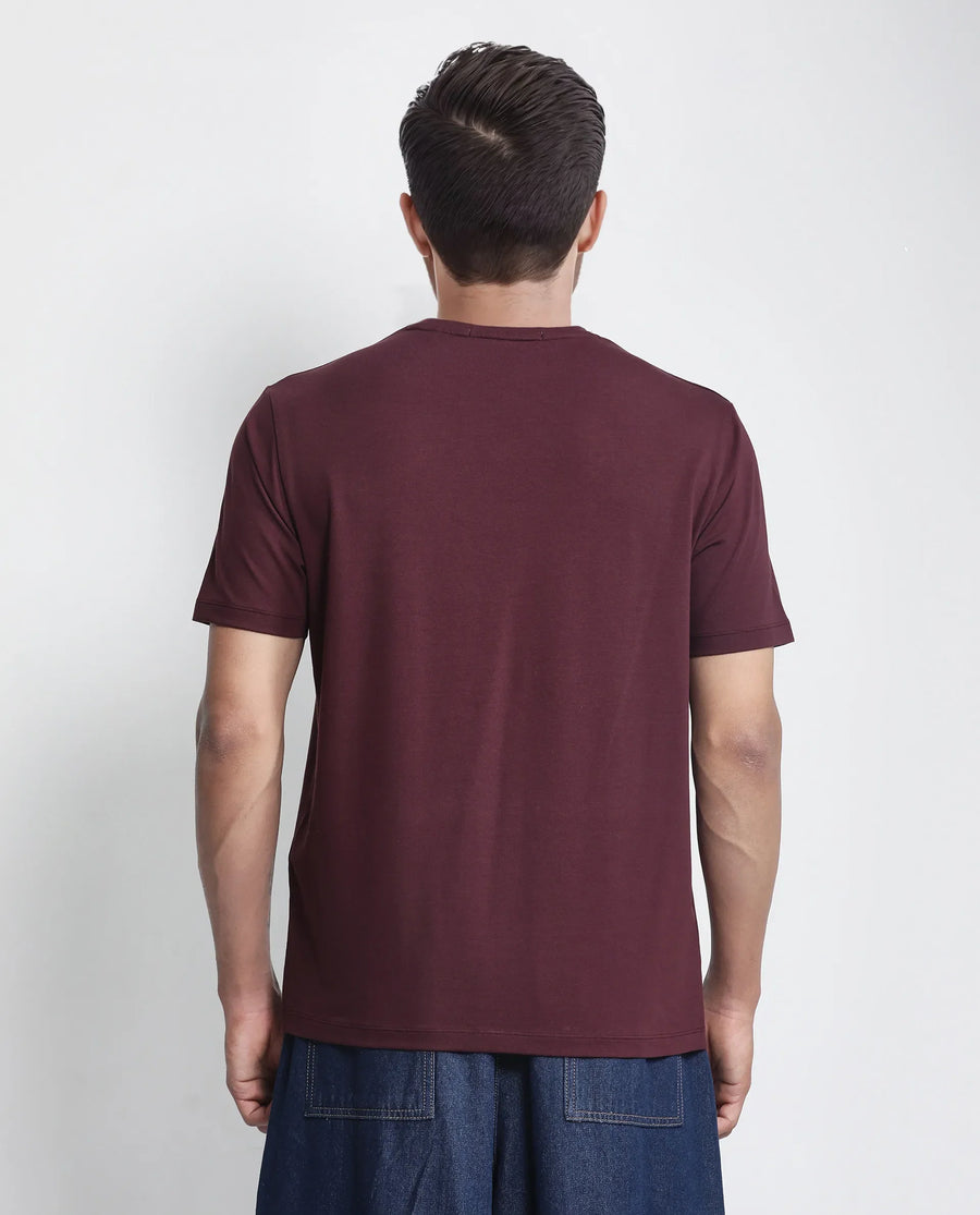 Rare Rabbit Men's Saw Pastel Maroon Cotton Blend Label Print Regular Fit Half Sleeve Crew Neck T-Shirt