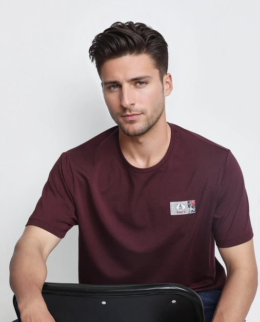 Rare Rabbit Men's Saw Pastel Maroon Cotton Blend Label Print Regular Fit Half Sleeve Crew Neck T-Shirt