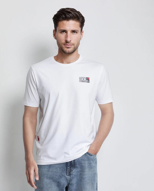 Rare Rabbit Men's Saw White Cotton Blend Label Print Regular Fit Half Sleeve Crew Neck T-Shirt
