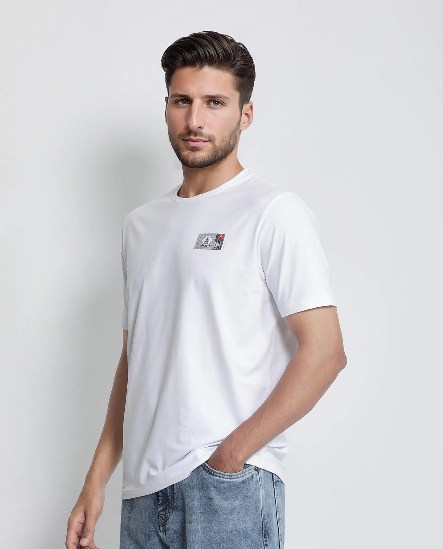 Rare Rabbit Men's Saw White Cotton Blend Label Print Regular Fit Half Sleeve Crew Neck T-Shirt