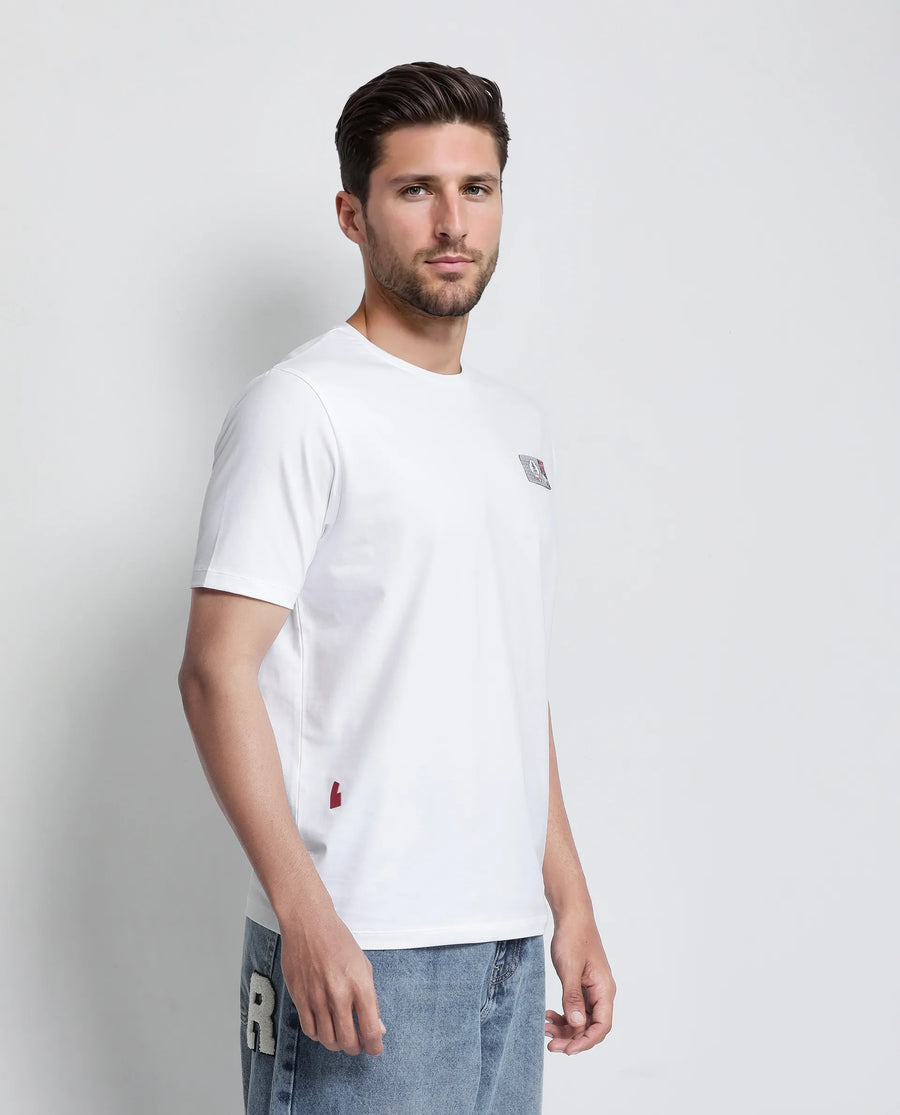 Rare Rabbit Men's Saw White Cotton Blend Label Print Regular Fit Half Sleeve Crew Neck T-Shirt