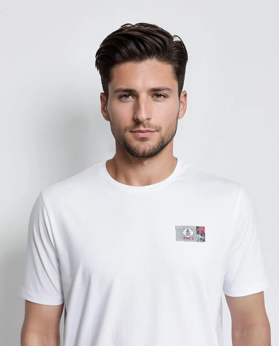 Rare Rabbit Men's Saw White Cotton Blend Label Print Regular Fit Half Sleeve Crew Neck T-Shirt