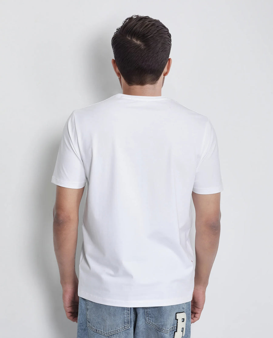 Rare Rabbit Men's Saw White Cotton Blend Label Print Regular Fit Half Sleeve Crew Neck T-Shirt