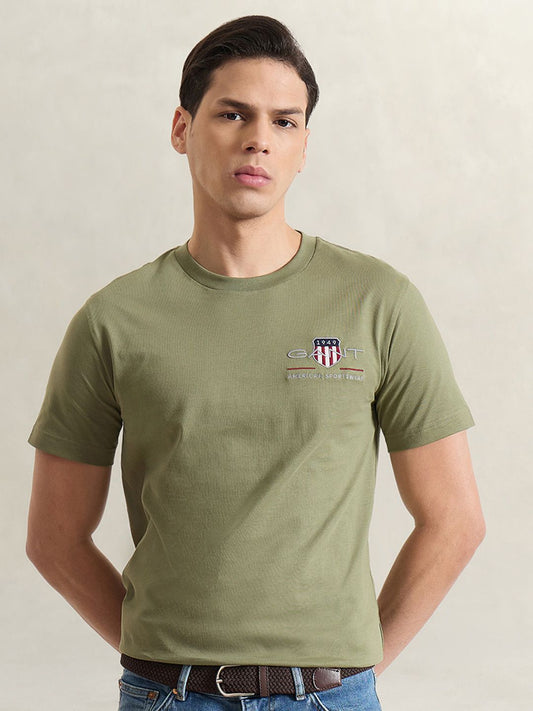 Gant Men Olive Green Solid Regular Fit Archieve Shield T-Shirt