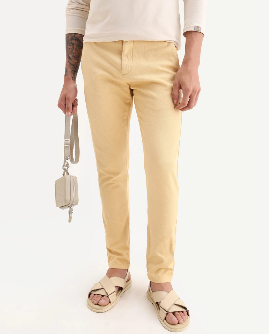 Rare Rabbit Men's Scotch Yellow Cotton Plain Slim Fit Trouser