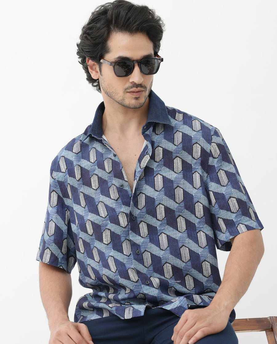 Rare Rabbit Men's Scrafi Dark Blue Viscose Geometric Print Boxy Fit Half Sleeve Collared Shirt