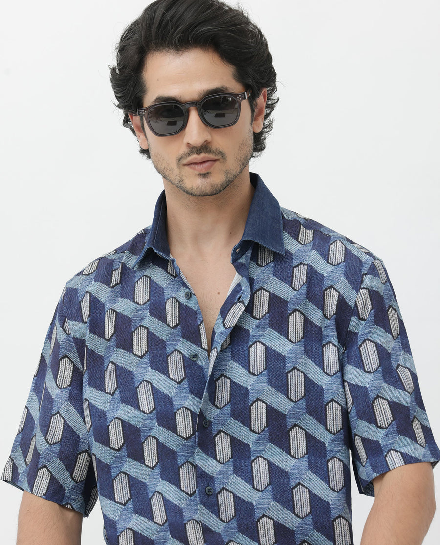 Rare Rabbit Men's Scrafi Dark Blue Viscose Geometric Print Boxy Fit Half Sleeve Collared Shirt
