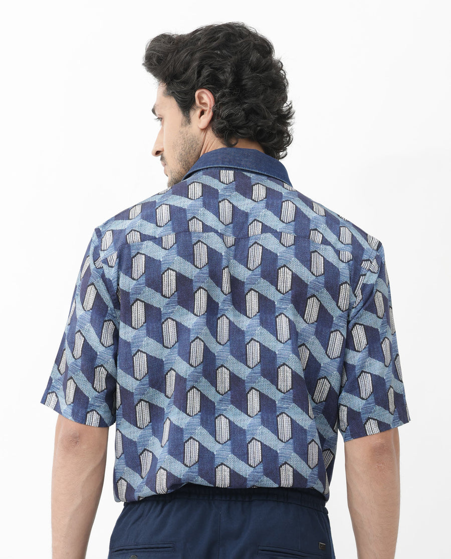 Rare Rabbit Men's Scrafi Dark Blue Viscose Geometric Print Boxy Fit Half Sleeve Collared Shirt