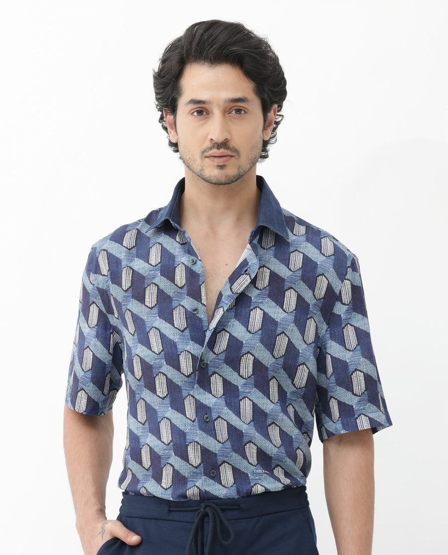 Rare Rabbit Men's Scrafi Dark Blue Viscose Geometric Print Boxy Fit Half Sleeve Collared Shirt