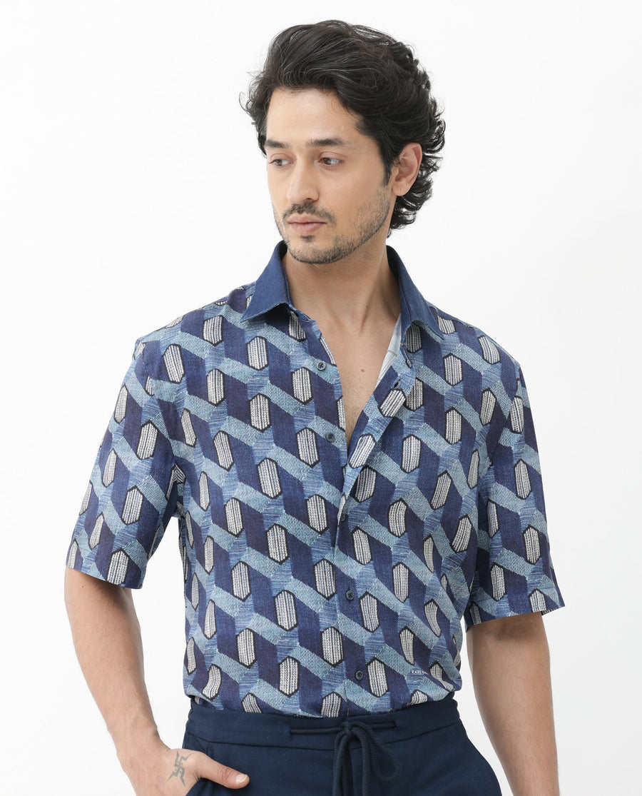 Rare Rabbit Men's Scrafi Dark Blue Viscose Geometric Print Boxy Fit Half Sleeve Collared Shirt