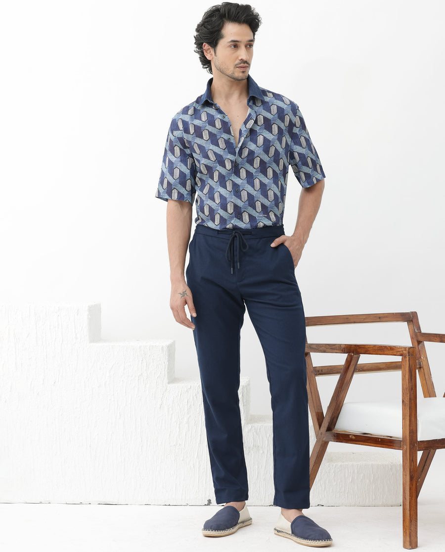 Rare Rabbit Men's Scrafi Dark Blue Viscose Geometric Print Boxy Fit Half Sleeve Collared Shirt