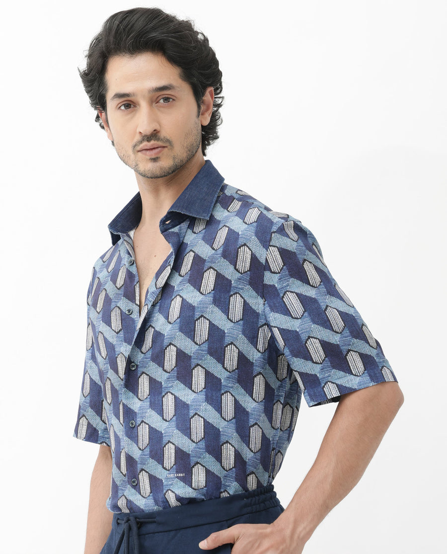 Rare Rabbit Men's Scrafi Dark Blue Viscose Geometric Print Boxy Fit Half Sleeve Collared Shirt
