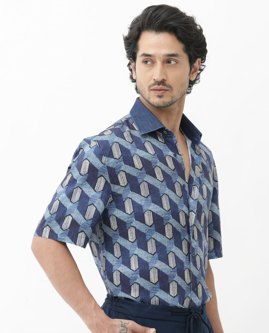 Rare Rabbit Men's Scrafi Dark Blue Viscose Geometric Print Boxy Fit Half Sleeve Collared Shirt