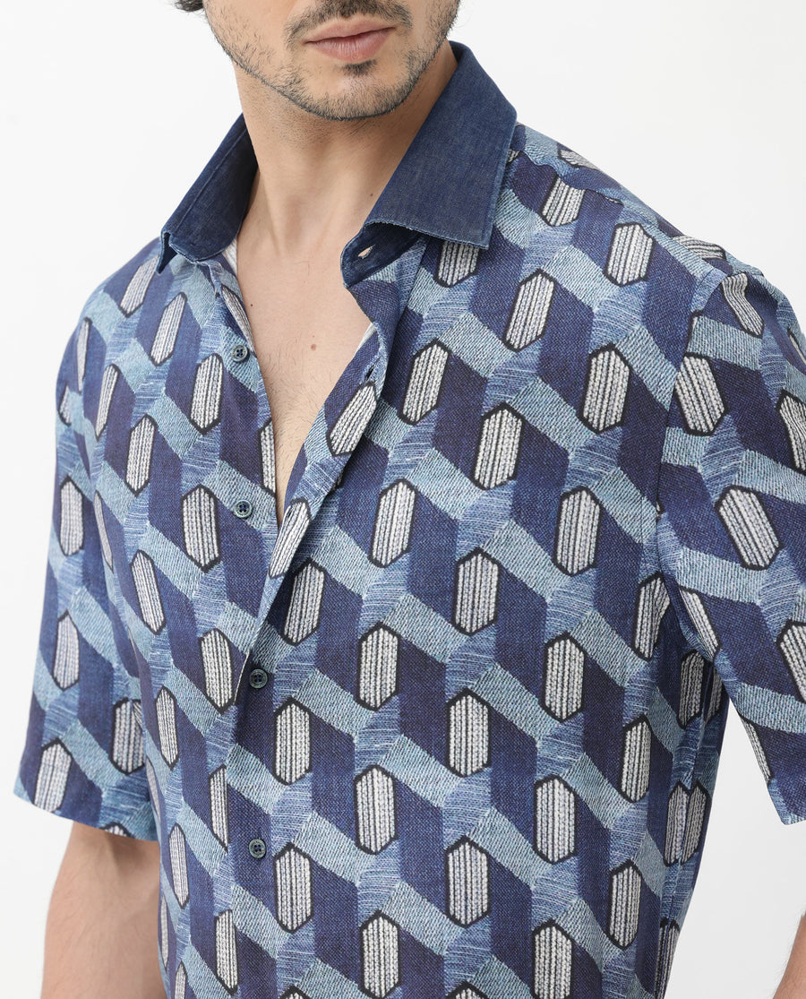 Rare Rabbit Men's Scrafi Dark Blue Viscose Geometric Print Boxy Fit Half Sleeve Collared Shirt