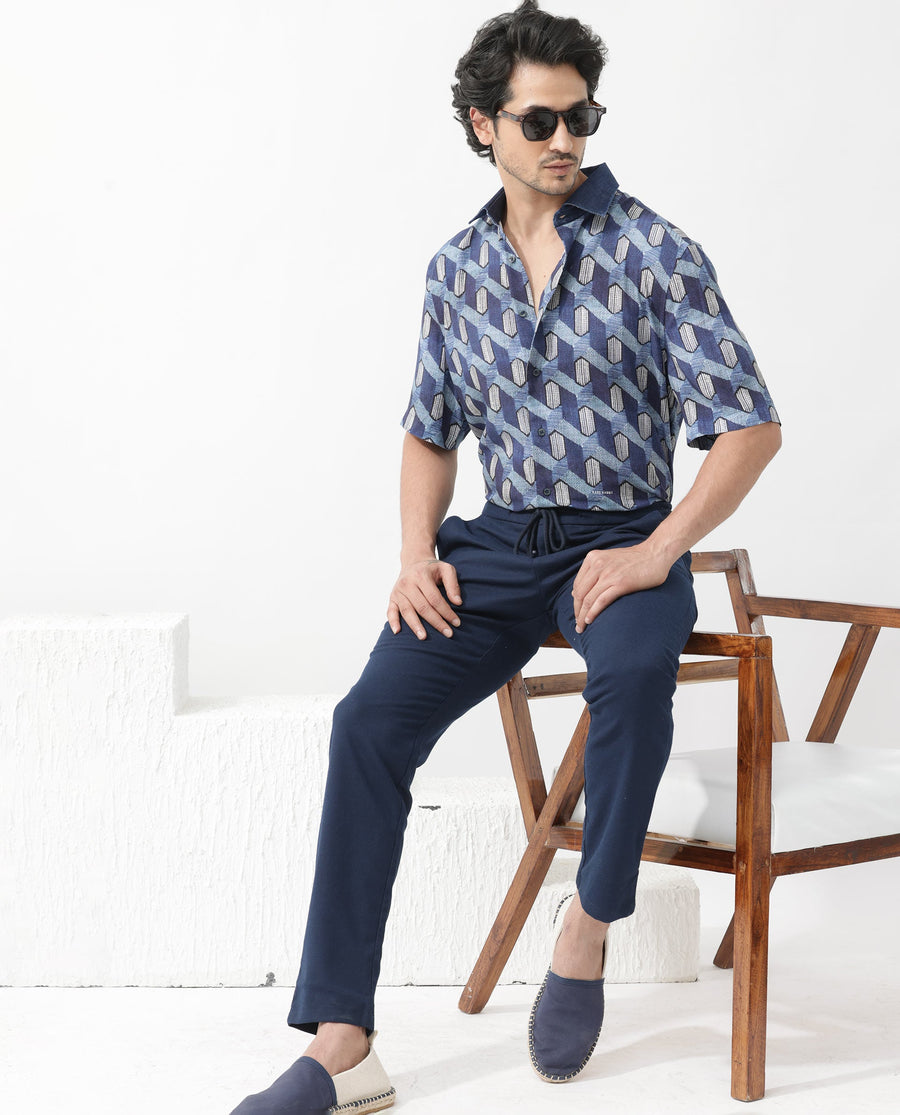 Rare Rabbit Men's Scrafi Dark Blue Viscose Geometric Print Boxy Fit Half Sleeve Collared Shirt