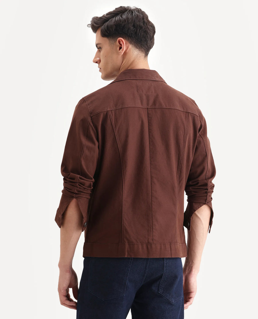 Rare Rabbit Men's Scut Brown Cotton Blend Fabric Collared Neck Relaxed Fit Plain Jacket