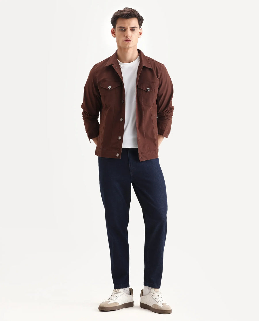Rare Rabbit Men's Scut Brown Cotton Blend Fabric Collared Neck Relaxed Fit Plain Jacket