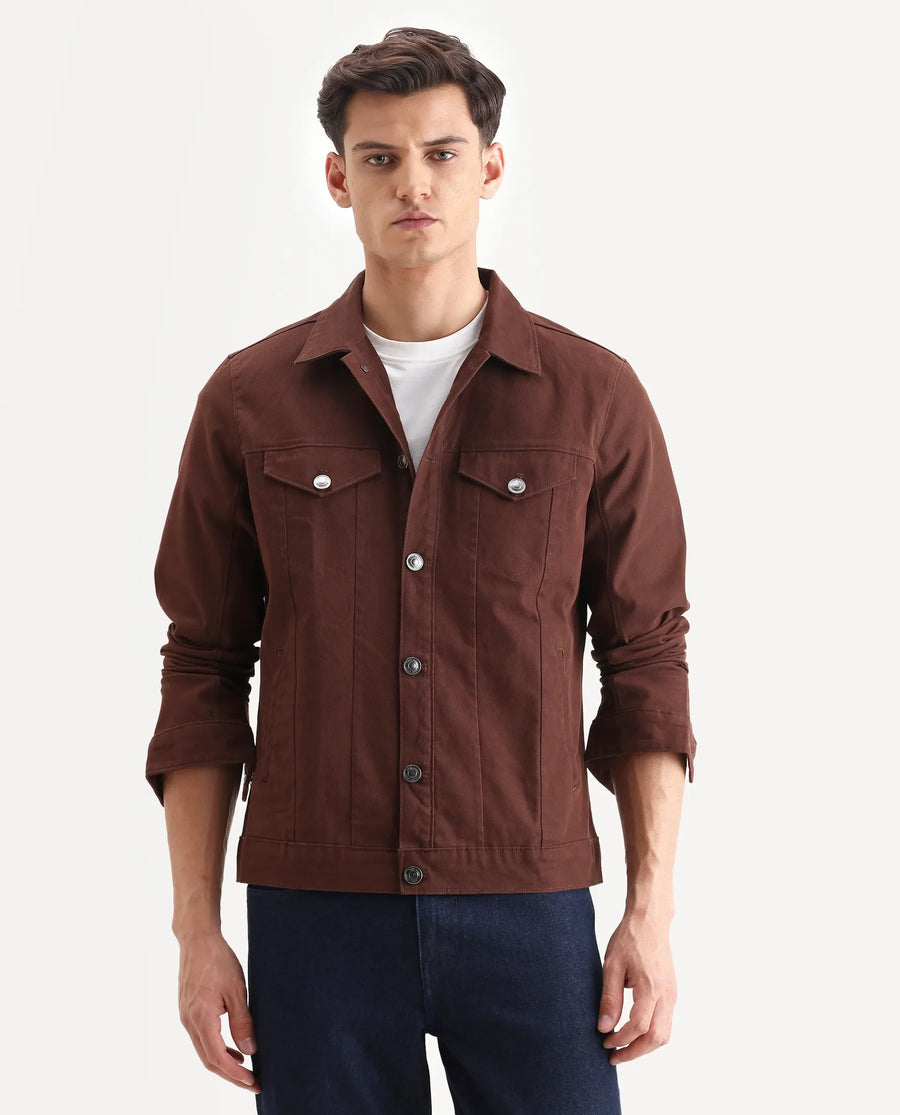 Rare Rabbit Men's Scut Brown Cotton Blend Fabric Collared Neck Relaxed Fit Plain Jacket