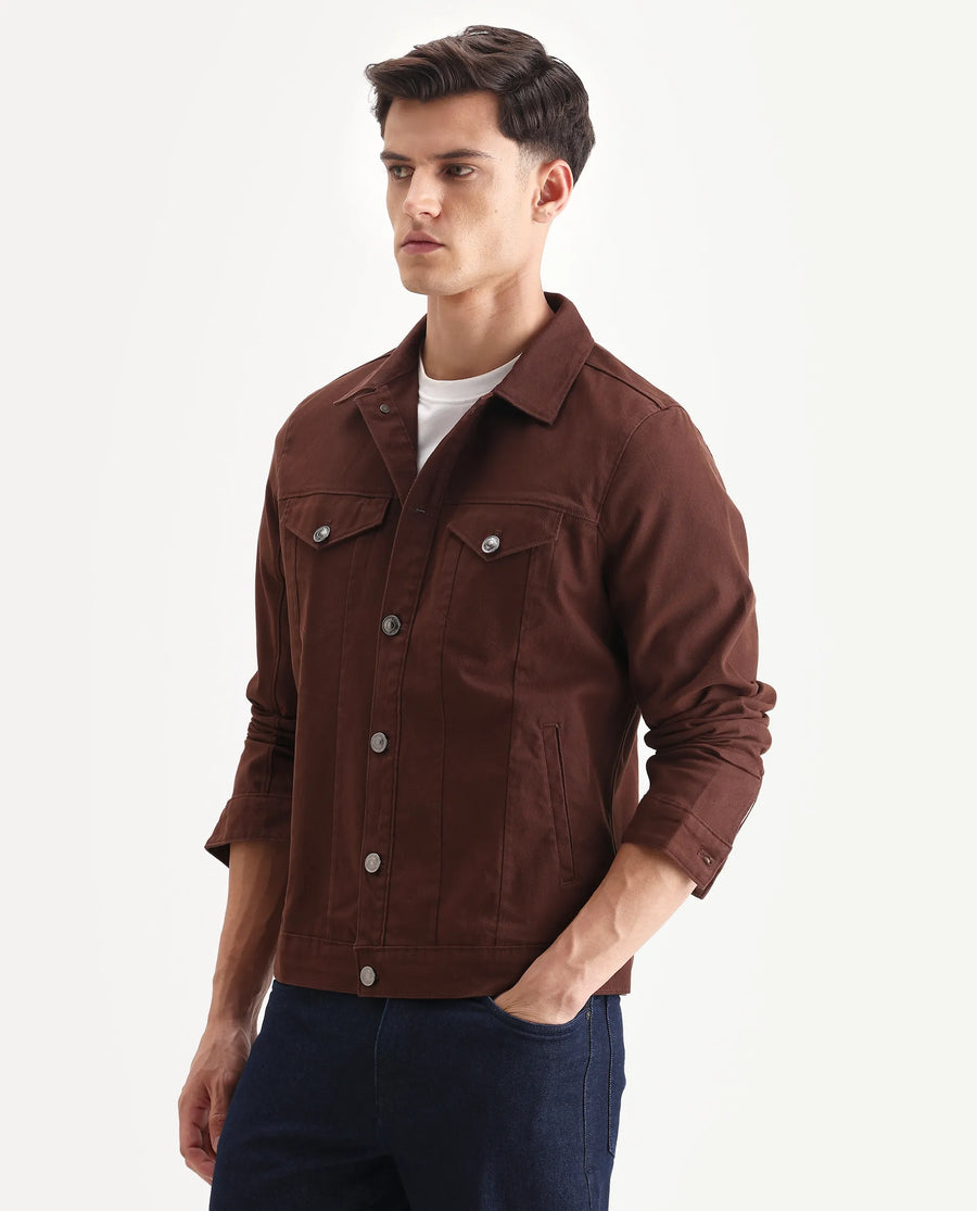 Rare Rabbit Men's Scut Brown Cotton Blend Fabric Collared Neck Relaxed Fit Plain Jacket